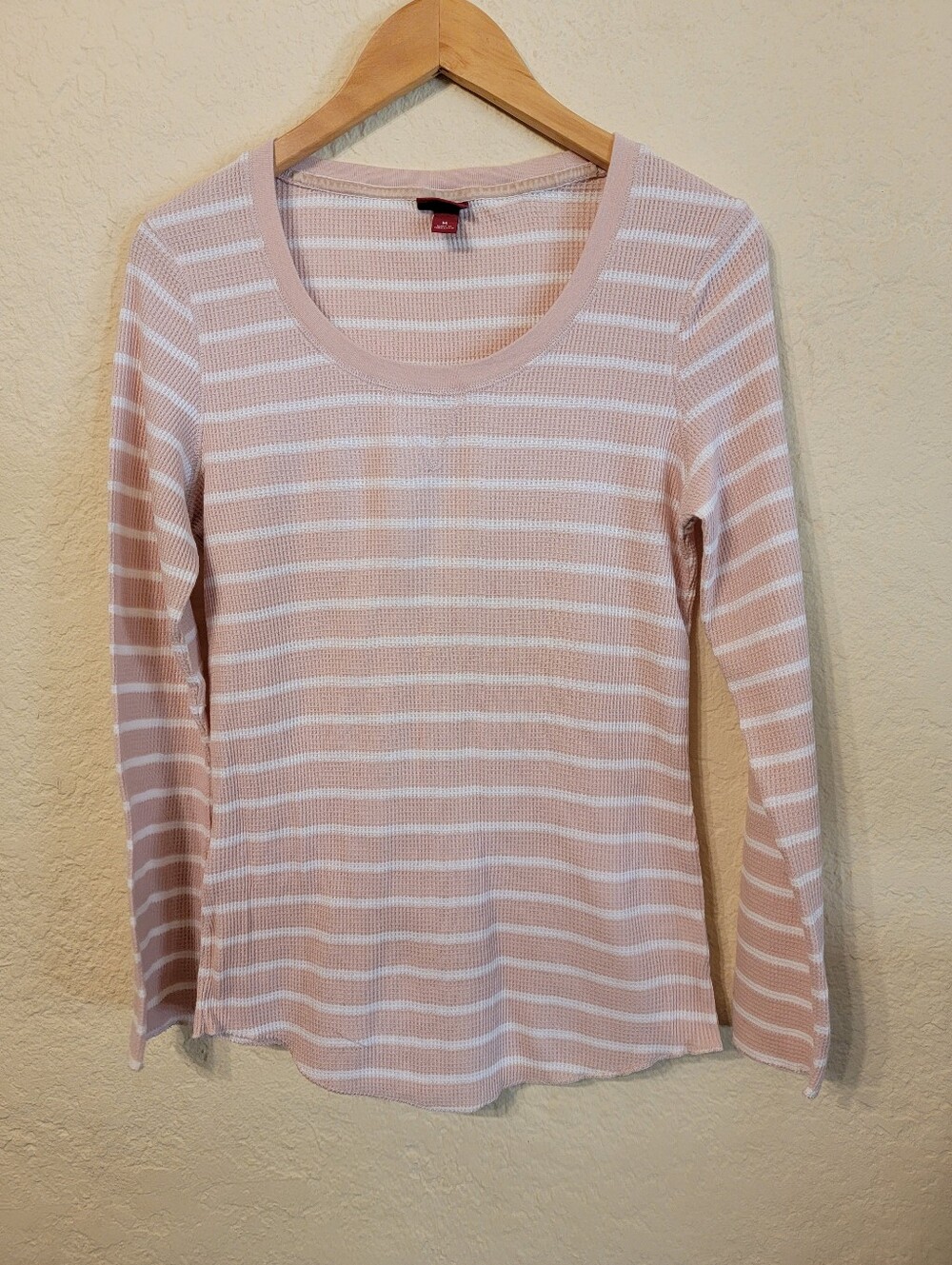 Merona Peach & White Striped Waffle Knit Thermal Long Sleeve Top Sz M